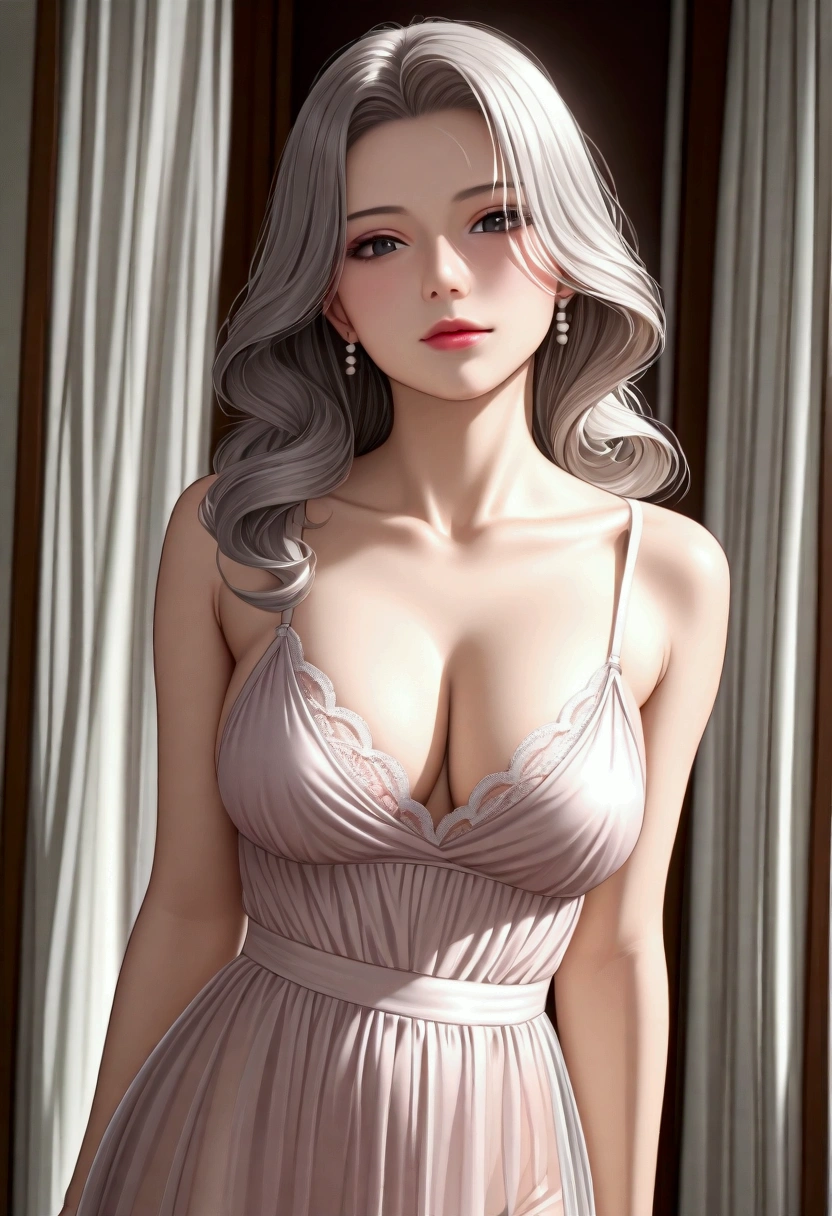 score_9, score_8_superior, score_7_superior, High-resolution CG illustration,A masterpiece in 32K resolution,Highest quality,it is really amazing,Very detailed,Ultra-high resolution,Ultra-realistic,Realistic,Increased depth of field,Cinematic lighting,
Elegant mature Japanese woman,
Shiny silver hair,Wavy long hair,Showing his forehead,god々Beautiful,Ultra-detailed and beautiful face,Sensual look,Beautiful dark brown, moist eyes,Pitch black eyes,Glowing, moisturized skin,Translucent white skin,born々New skin texture,Great proportions,
Elegant wine-red slit dress,spaghetti straps,Deep slit,Detailed and beautiful lace decorations,born地の柔らかな質感,
Black panties,
Black Stockings,
高層ビルの屋superior,Background of big city night scene,
Dramatic Angle,