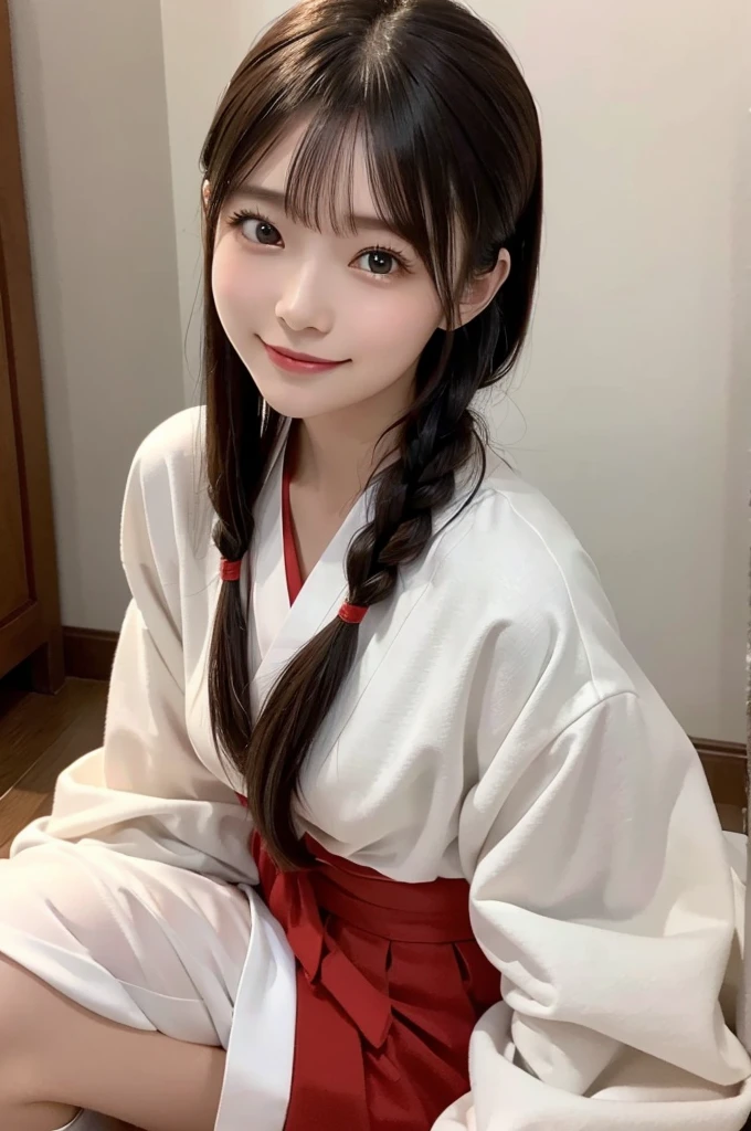 8k、High definition、Ultra Detail、Photorealistic、High resolution、Realistic and accurate depiction、Realistic and accurate human anatomy、Highest quality、Japanese women 、beautiful girl、White and red hakama、Red hakama on top and red on bottom,White tabi,Red ribbon in hair,18-year-old,bangs,Smile a little,knees,Japanese style hairstyle,Looking up from below, An innocent smile、Natural Makeup、Perfect Skin、Charm、cute