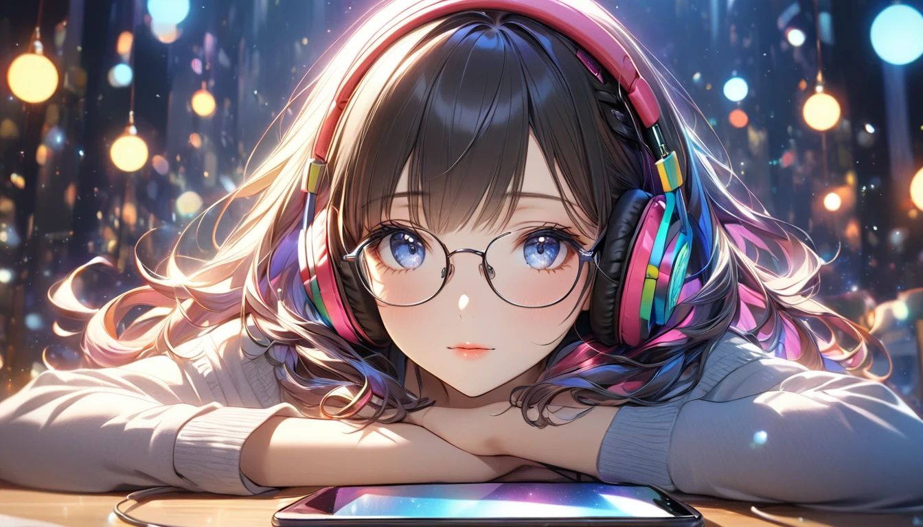 Highest quality, Intricate details, Very delicate, so beautiful, Highest quality, High Qualite, Very beautiful face, kindness, 超detailed hair, thin, cute, Perfectly symmetrical face, Upper body rest (Beautiful colors,detailed,Highest quality,Great quality,so beautiful),Lighting particles, Casual Fashion, Headphones, smartphone, Glasses