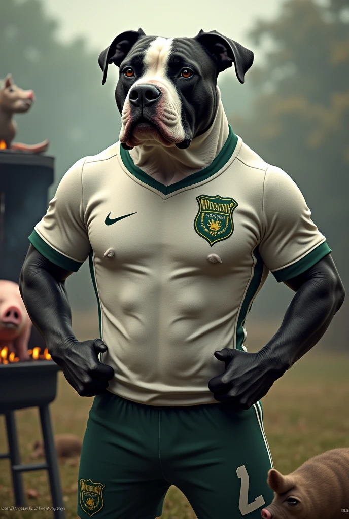 Pitbull dog with white and black Botafogo team shirt, with paws on waist and a barbecue with a pig sitting on top, crying with the Palmeiras SP team shirt