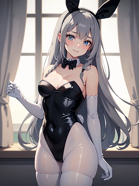 full shot, bedroom, solo focus, 1girl, (17years old), ((grey hair)), ((very long hair)), (straight hair), side braid, (light-aquamarine eyes), (drooping eyes), beautiful detailed eyes, ((light smile)), middle breasts, round breasts, cheeks flush, glossy lips, play boy bunny, black fake rabbit ears, black bunny suit, white choker, white elbow-length gloves, white fishnet pantyhose, best quality, 8k, highres, masterpiece:1.2, ultra-detailed, HDR, UHD, ultra-fine painting, ambient soft lighting, sharp focus, physically-based rendering, extreme detail description, professional, vivid colors