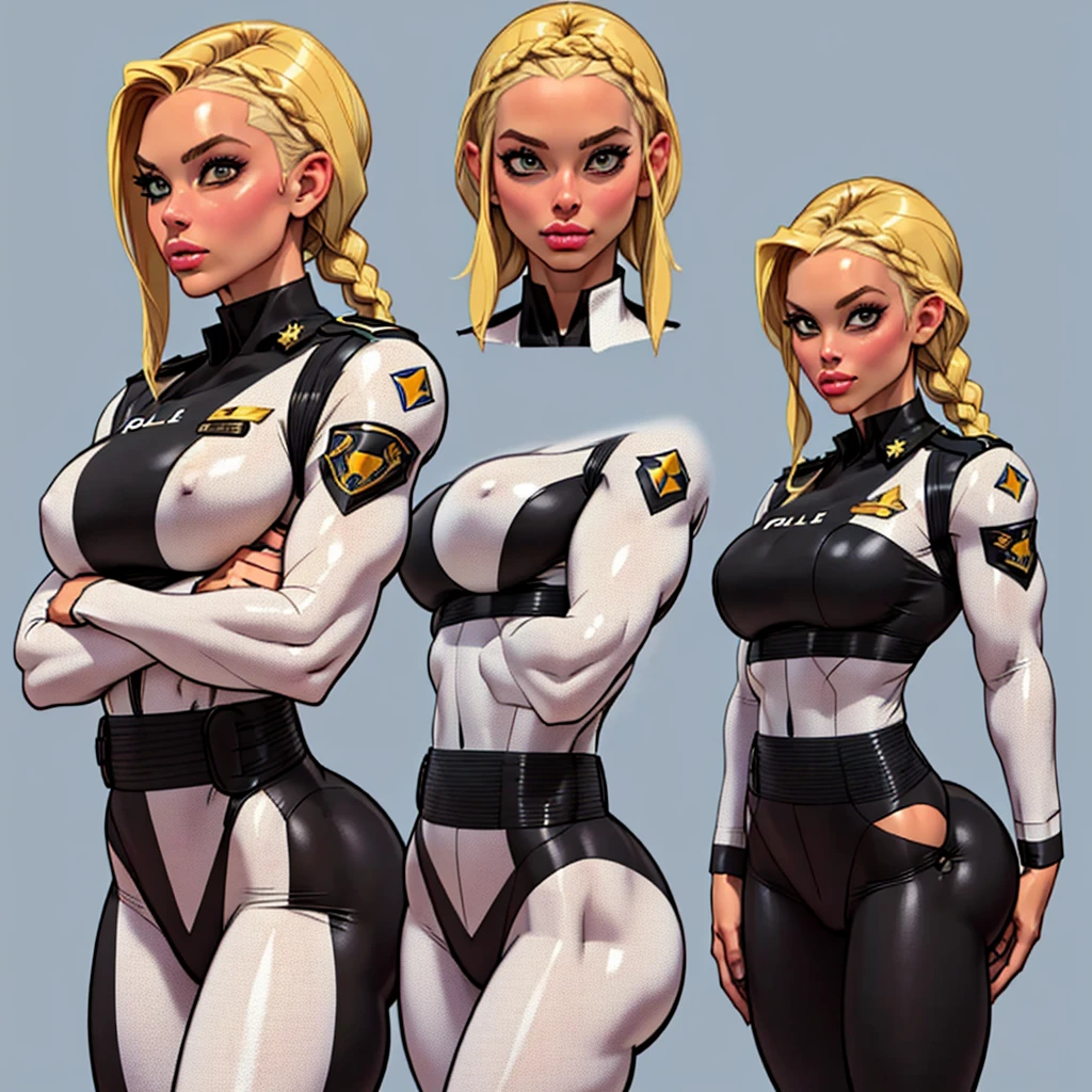 ((masterpiece)),(((best quality))),((character design sheet)), illustration,1woman, environment Scene change, (long braided hair:1.4),((futuristic police officer:1.5)), muscular, black legs, thick legs, (pale skin:1.3)scribbles and marks, light blue shirt, ((detailed face:1.1)), rough sketches, (puffy lips:1.5), pose too, ((brunette hair:1.2)), (police officer outfit:1.3) , 8k,16k, (simple background, light background: 1.3)