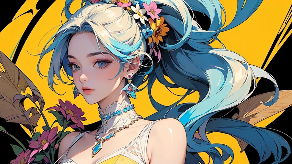32K, 最高quality, 最高masterpiece, (ultra-Detailed Background, Detailed Background), High resolution, Super detailed, Very detailedな, 1 personの, (bouquet:1.3), (Tangled:1.2), (Geometric:1.2),(colorful),(masterpiece, quality, best quality, Official Art, Beautiful and beautiful:1.2), (1 person:1.3), Very detailed,(colorful:1.1)(Flowers:1.3),Most detailed,(Tangled:1.2), whole body, (Abstract background:1.3), (Skin glows), (Many colors:1.4), ,(Earrings Jewelry:1.5), Yellow background, It's imaginative., Milk tea colored hair, Updo,
