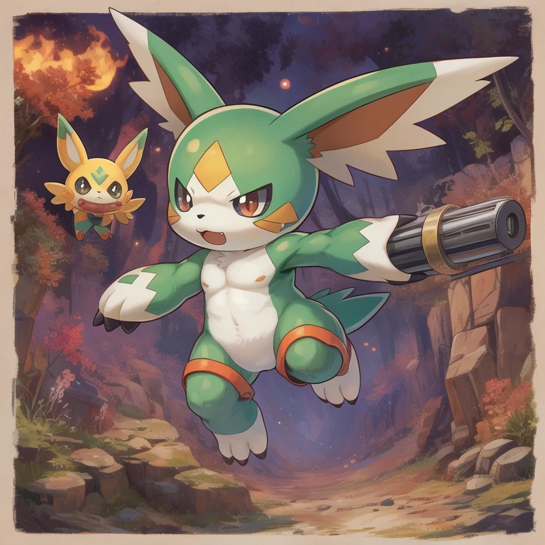 Gargomon(Digimon)、Official Art、anime、green、Wearable Gatling Gun、pants、Short leg、Red pattern、Round eyes、Upper body naked