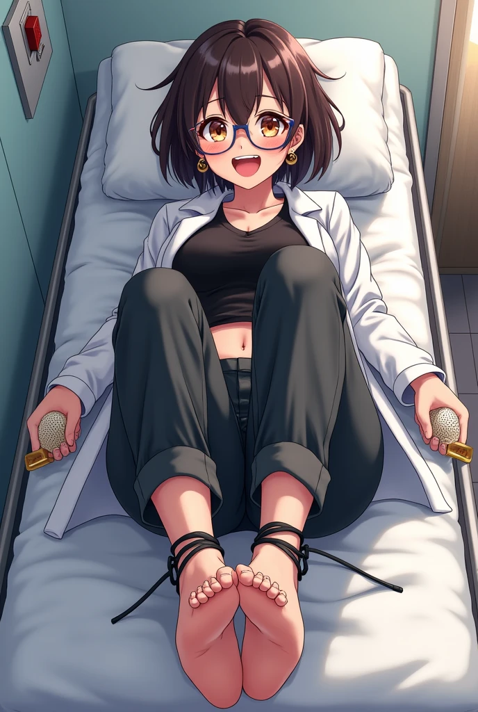 create the image of a 28 year old anime style character with short dark brown hair to the shoulder, round prescription glasses, skin fair, yellow seductive eyes, black jersey, lab coat and tailored pants, earrings and the body reasonably "big fit ass", she is lying on a stretcher without shoes with her beautiful feet tied in front and her hands tied to her sides, and she is laughing because she has 2 brushes tickling the soles of her feet which have 5 toes