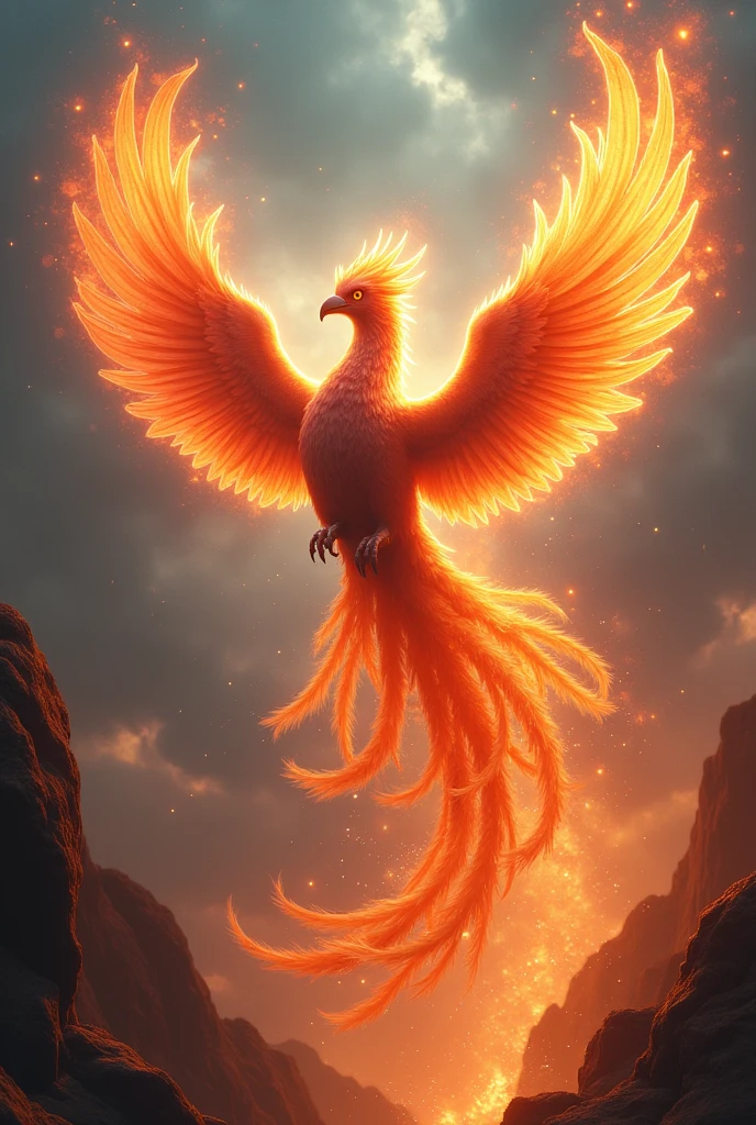 Phoenix, rising from the ashes,v demonstrating strength and wisdom, fancy , lots of glow, glamour