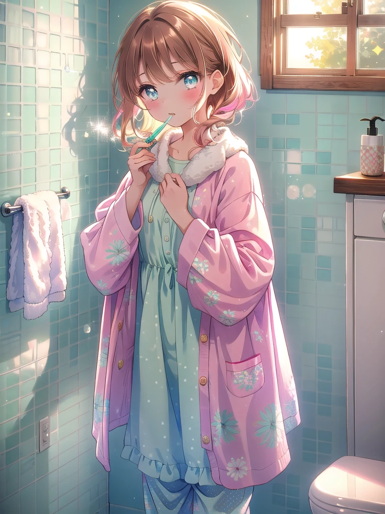 ((8k, Highest quality, masterpiece: 1.3)),Ultra-high resolution,(1 girl, alone), (Color changing eyes, Ultra-detailed, Expressive brilliance, Glitter, Glowing Eyes), Highly detailed eyes, Highly detailed face, Random Hair, ((pastel colour)),A young girl with shoulder-length, chestnut brown hair is standing in front of her bathroom mirror, brushing her teeth with a minty green toothbrush. She's wearing light pink pajamas with small, white polka dots, the fabric soft and comfortable. The sleeves of her pajama top are slightly rolled up, and her pajama pants reach just above her ankles. The morning sunlight filters through the small window, casting a warm, gentle glow on her face. Her expression is calm and focused as she prepares for the day ahead, her reflection clear in the mirror, capturing her youthful innocence. The bathroom is cozy, with pastel-colored tiles and a fluffy white towel hanging on a rack. (cute scene, morning light, calm expression, brushing teeth)
