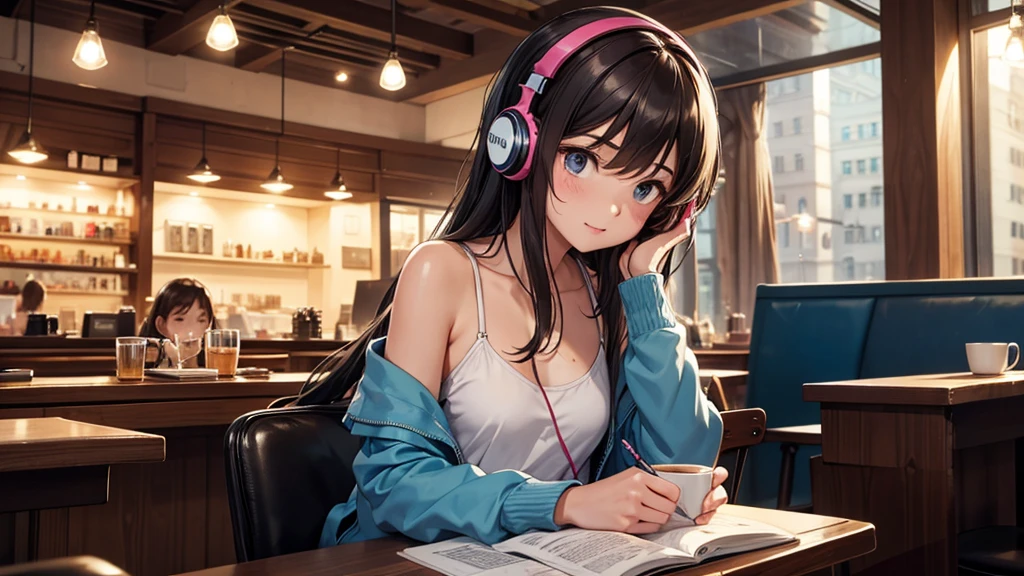 Girl with headphones enjoying music in a cafe　I am studying　Emphasize a little bit of the chest