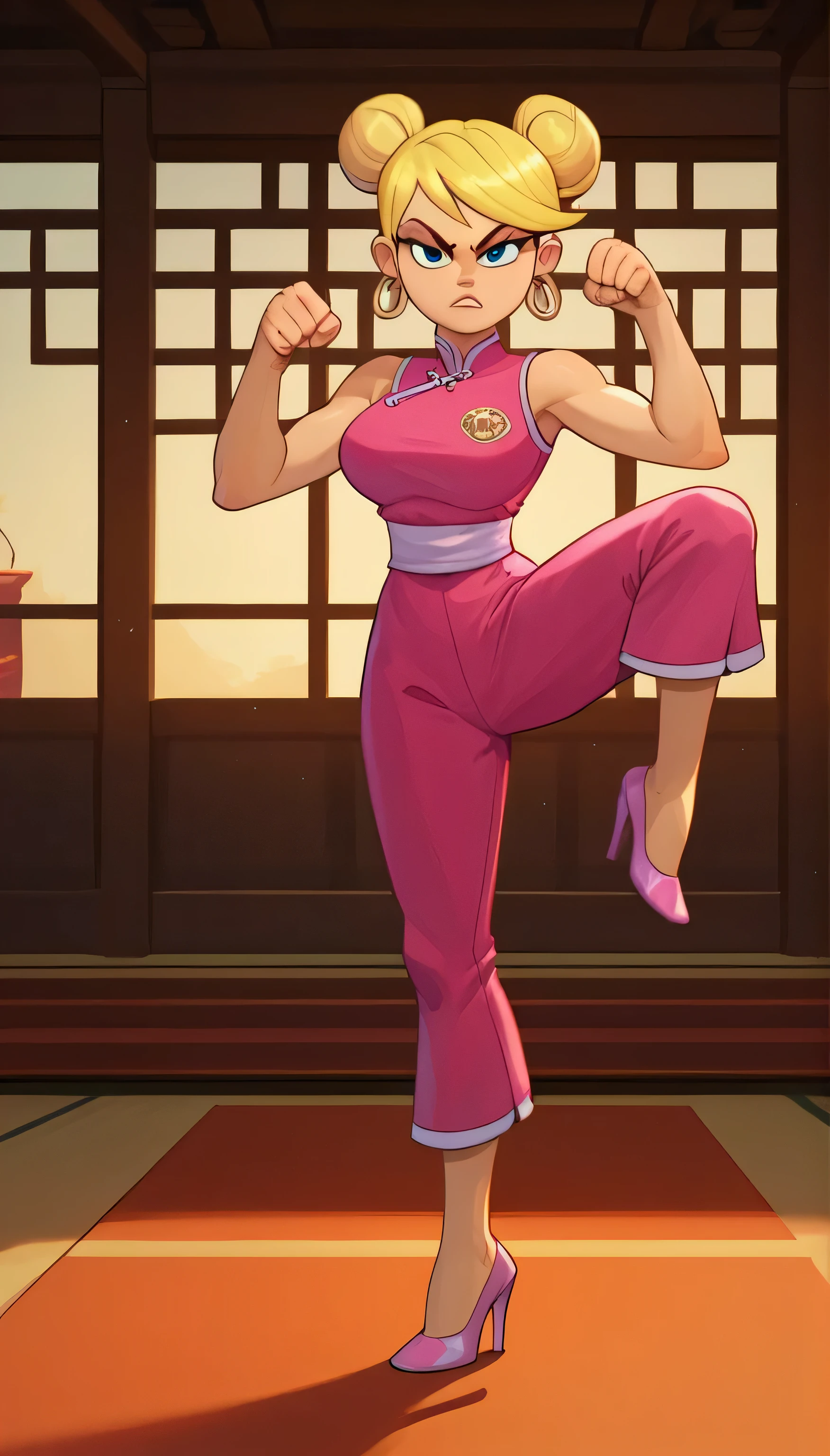 lola loud, 1girl, solo, 24yo girl, large breasts, pink cheongsam, inside of a chinese temple, looking at viewer, blonde hair, two hair buns , hands score_9, score_8_up, score_7_up, high heels, teep fighting stance,martial arts