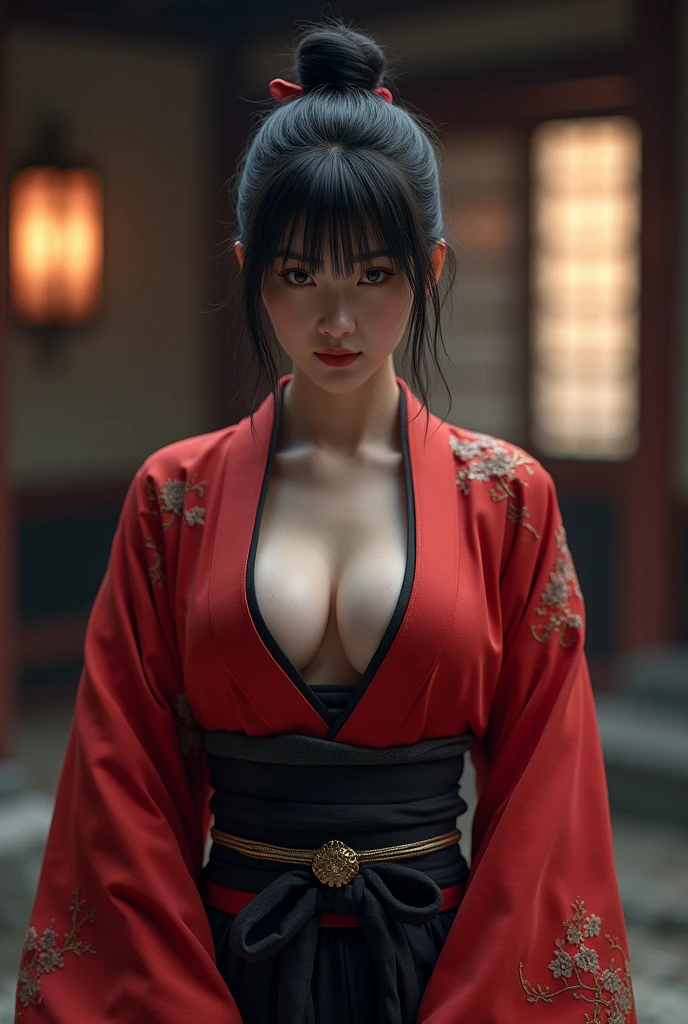 Samurai girl, short black hair tied back, wearing Japanese red kimono down under her big boobs, full breasts out of the kimono, big breasts out of the kimono, boobs out of the kimono Seductive look, big breasts out, sexy, and black hakama, two Japanese swords across her waist, ((masterpiece, highest quality, Highest image quality, High resolution, photorealistic, Raw photo, 8K)), ((Extremely detailed CG unified 8k wallpaper)), (huge stunning goddess shot, very hot and sexy, jaw-dropping beauty, perfect proportions, beautiful body, slim body beauty:1.4), on moonlight, inside old dojo
