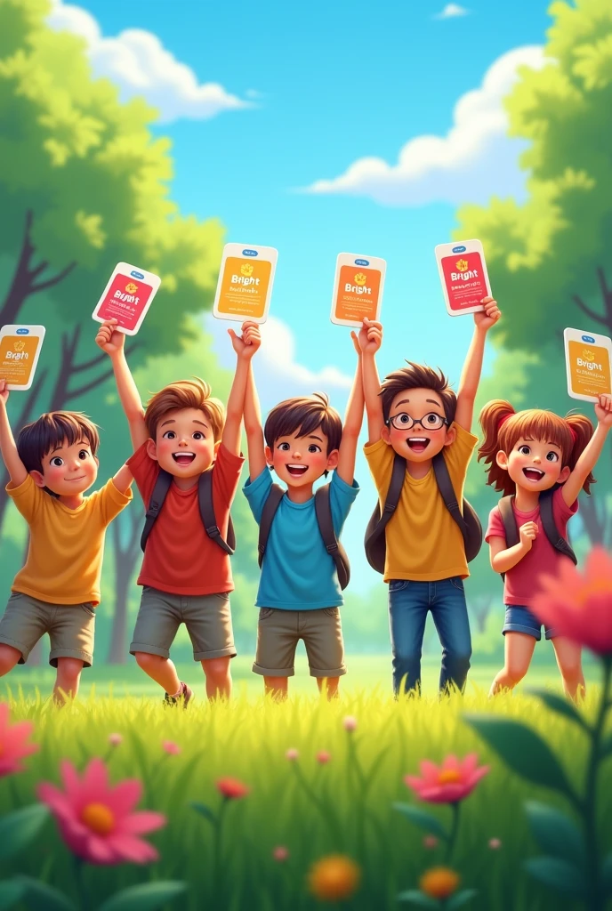 Students Raise Their hands with a play card in fieldThat Written 'Bright School'