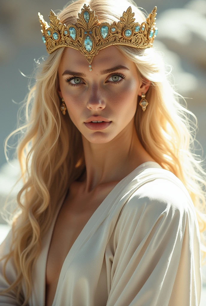 Beautiful Thor with a crown of gold and gems. He looks delicate and rich dressed in white