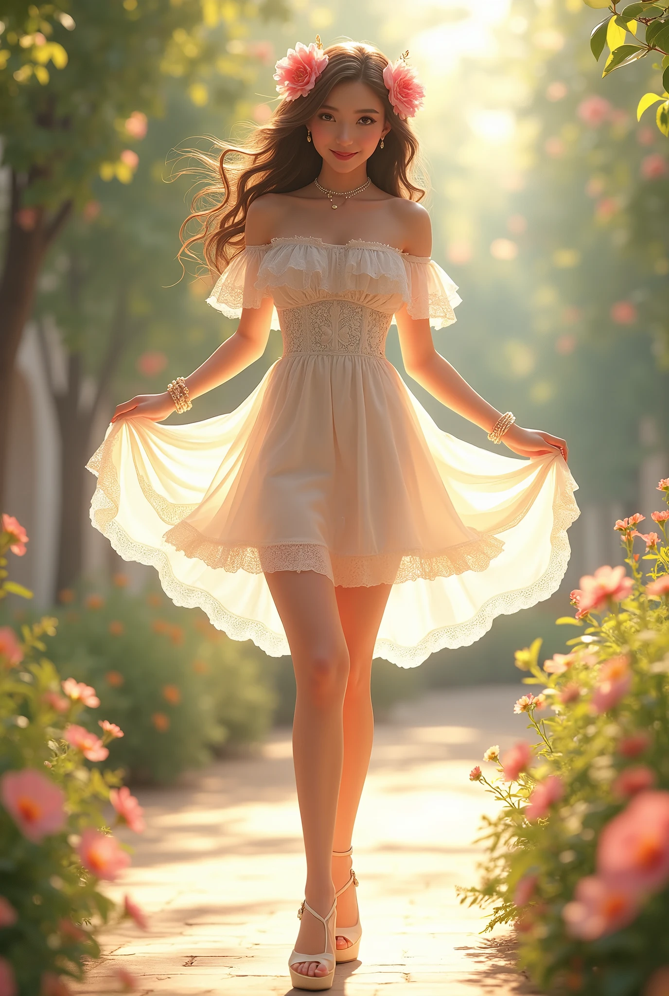Lace,Ultra high quality,High heel,Long legs,Smile,Sunlight,Off-shoulder,Short skirt,Wear flowers on your head,student,charming,Lifting skirt,Ribbon