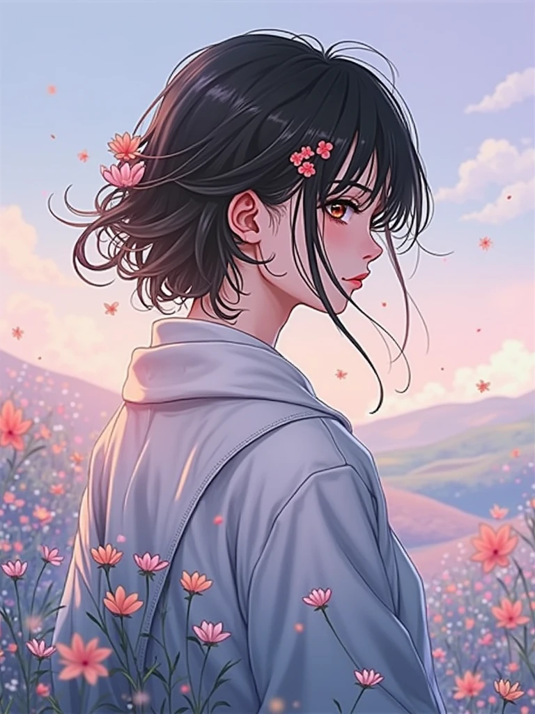 Japanese cartoons girl with flowers in the background, an Japanese cartoons drawing by Ilya Kuvshinov, Popular on Pixiv, Serial art, profile of Japanese cartoons girl, beautiful Japanese cartoons portrait, Ilya Kuvshinov Landscapes, artwork in the style of Gu Weiss, Japanese cartoons. Soft lighting, Gu Weiss, beautiful Japanese cartoons artwork, Japanese cartoons aesthetic, Portrait of Lofy, young Japanese cartoons girl