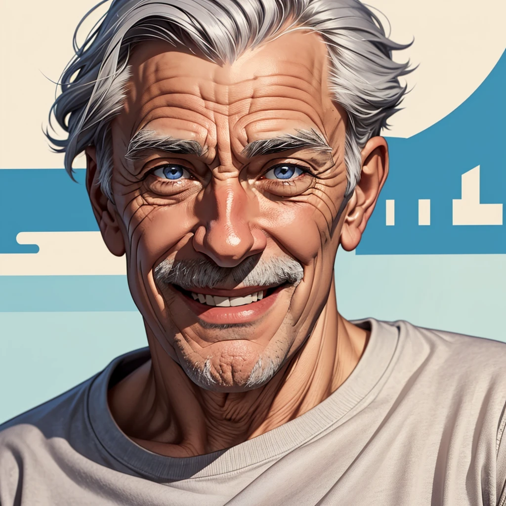 Create a detailed avatar of an elderly man with a happy expression. He has a full head of gray hair, with a few strands slightly out of place, adding to his charm. Your bright, intelligent eyes shine with wisdom and kindness. His face is marked by age, showing the marks of a life well lived, but his smile radiates happiness and contentment. He wears simple, comfortable clothes that reflect his laid-back nature. The background should be soft and warm, emphasizing your welcoming personality.