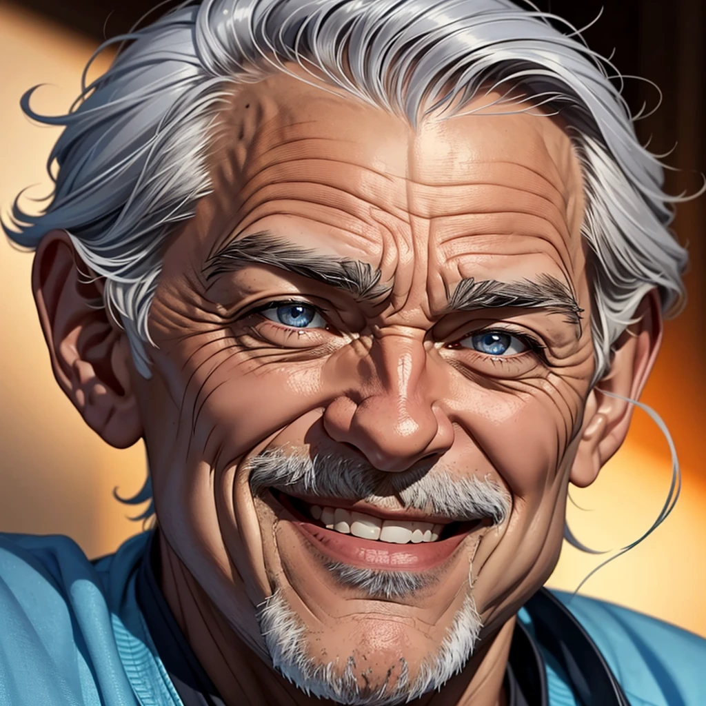 Create a detailed avatar of an elderly man with a happy expression. He has a full head of gray hair, with a few strands slightly out of place, adding to his charm. Your bright, intelligent eyes shine with wisdom and kindness. His face is marked by age, showing the marks of a life well lived, but his smile radiates happiness and contentment. He wears simple, comfortable clothes that reflect his laid-back nature. The background should be soft and warm, emphasizing your welcoming personality.
