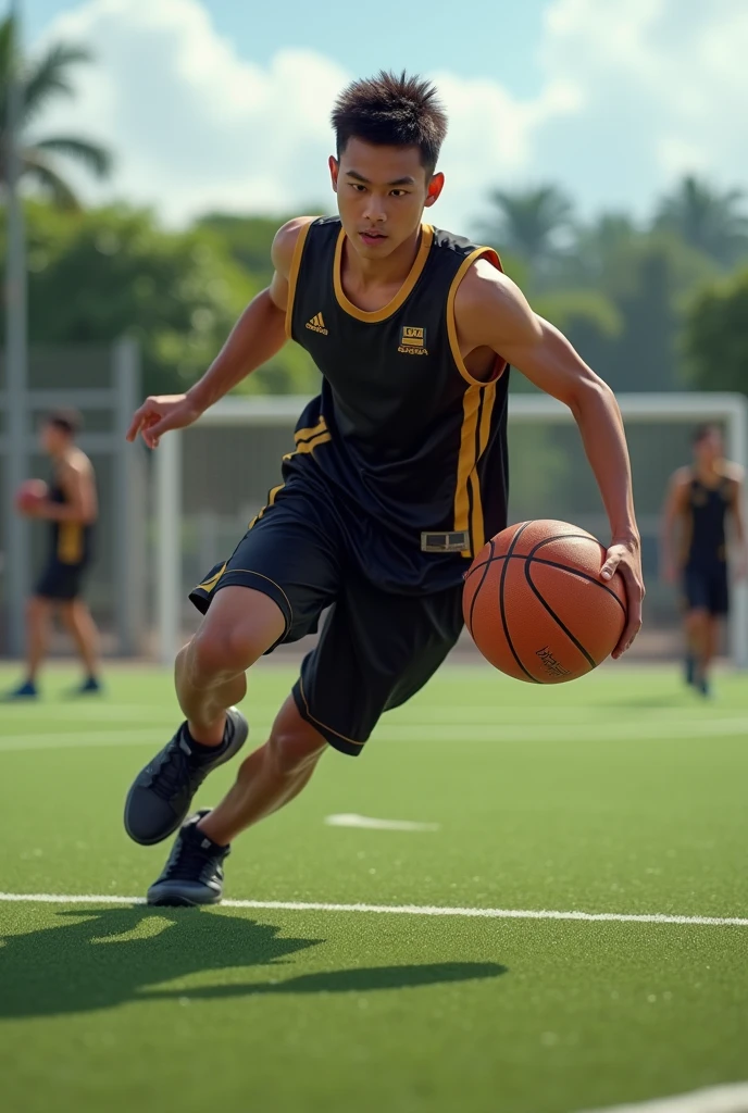 (photorealism) 16 year old Indonesian male ,haircut (short slicked back),Thin and short body (short) ,play ball ,wearing a black jersey with a gold combination, on the ball field