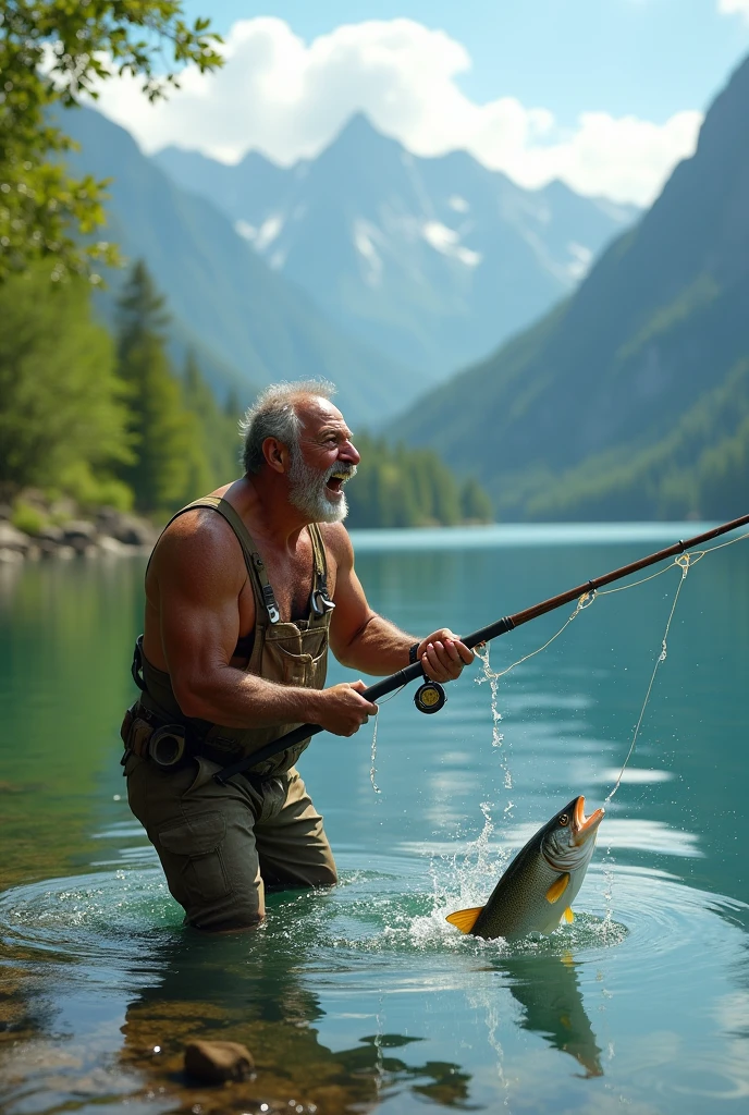 A middle-aged man catches a fish at the lake，Excited expression，Adding details，Clarity Enhancement，Detail Enhancement，Extremely high resolution,