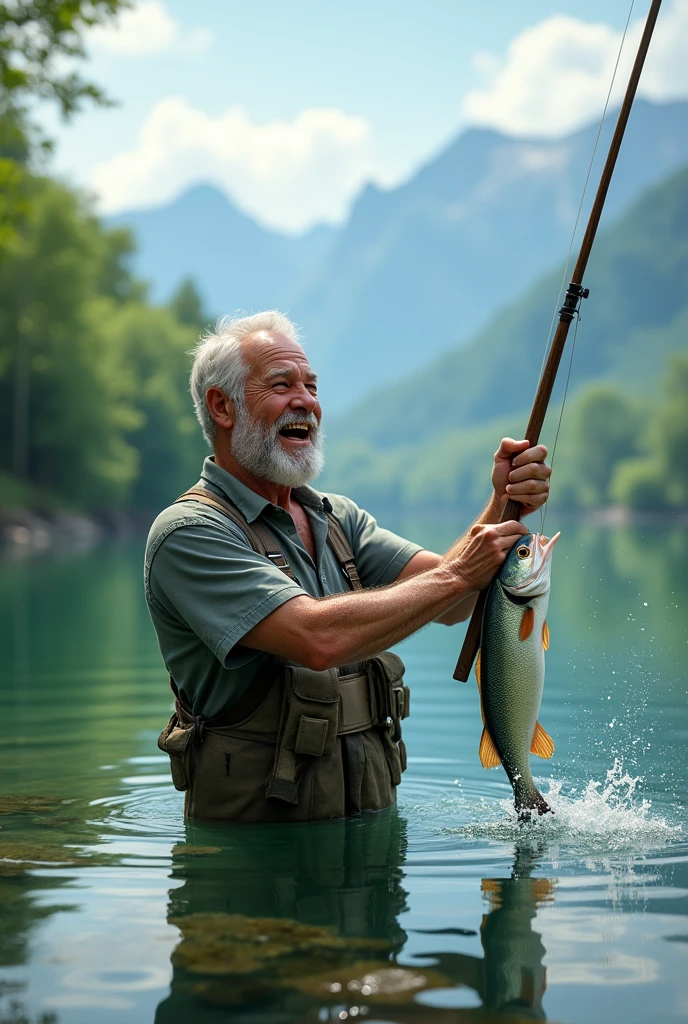 A middle-aged man catches a fish at the lake，Excited expression，Adding details，Clarity Enhancement，Detail Enhancement，Extremely high resolution,