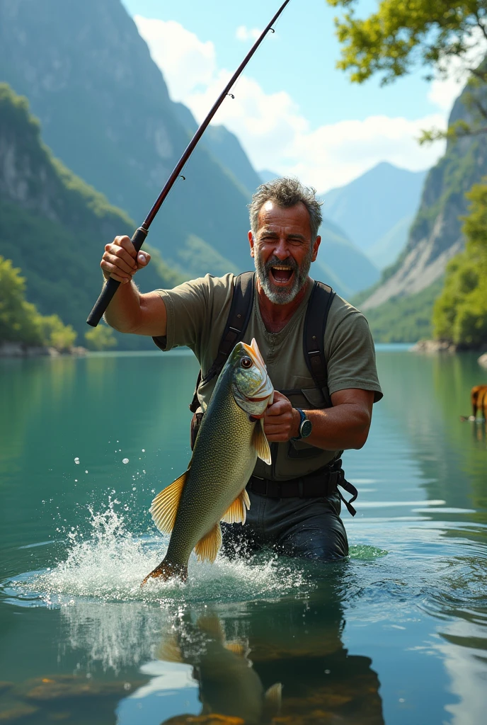 A middle-aged man catches a fish at the lake,Excited expression,Adding details,Clarity Enhancement,Detail Enhancement,Extremely high resolution,