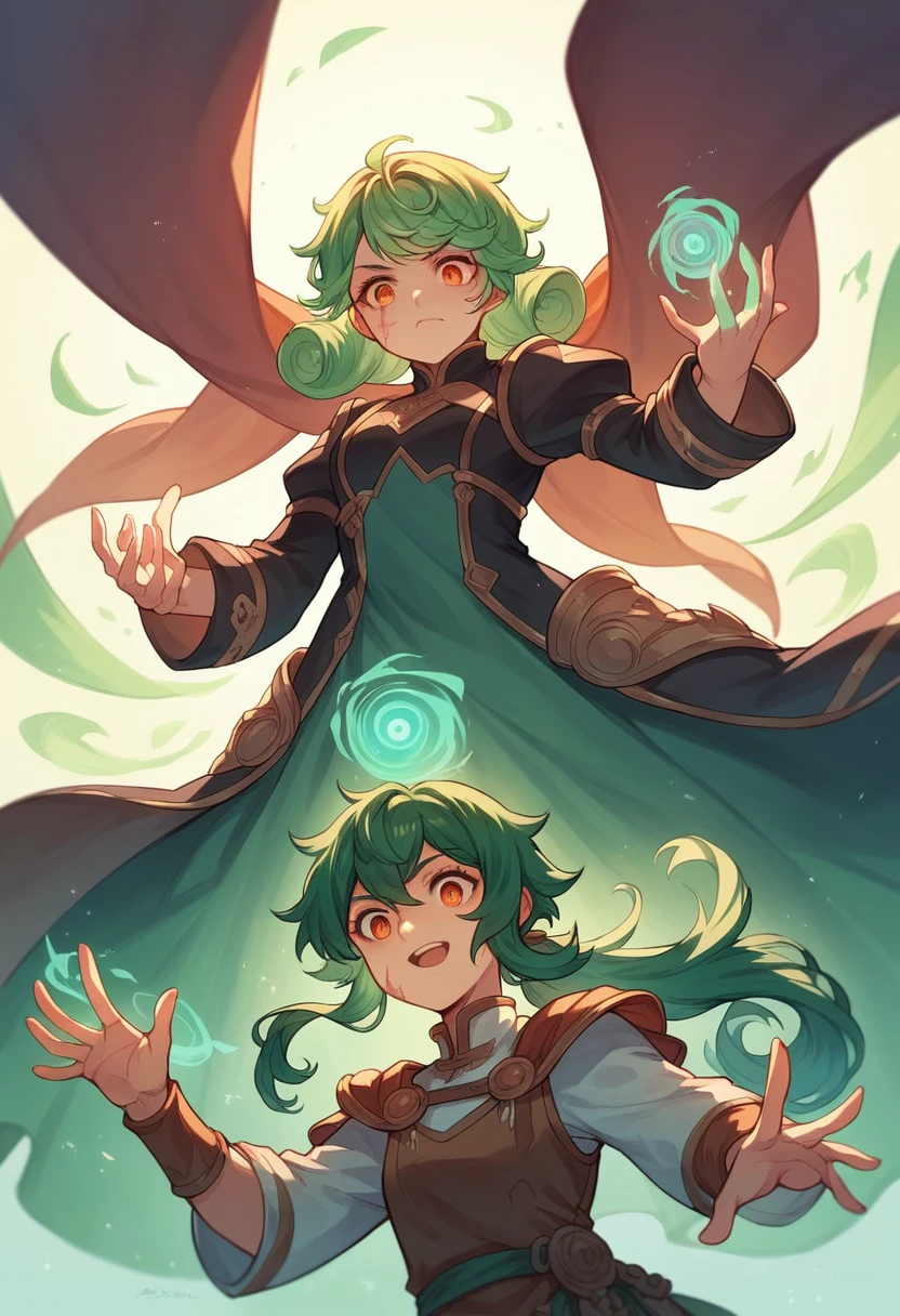 Young woman, long curly green hair below the pelvis gathered in a ponytail, orange eyes, scar on cheek, bangs up, fantasy clothing, With one hand she controls magic, magic (((a high resolution, mega detailization)