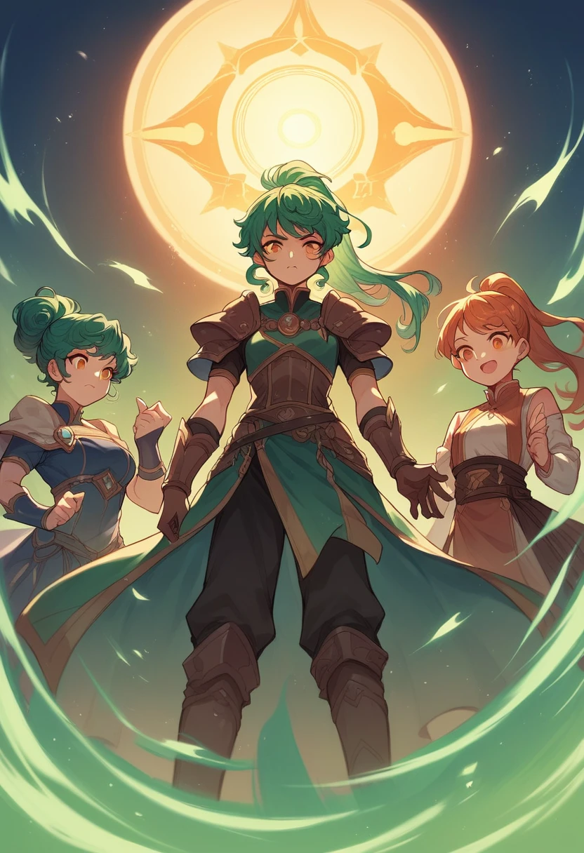 Young woman, long curly green hair below the pelvis gathered in a ponytail, orange eyes, scar on cheek, bangs up, fantasy clothing, With one hand she controls magic, magic (((a high resolution, mega detailization)