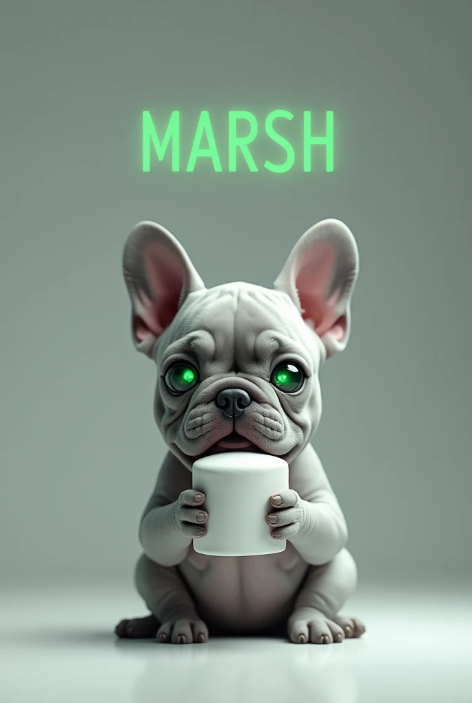 a light gray French bulldog sitting with technological green eyes with a Marshmallow and with the name highlighted "Marsh"

