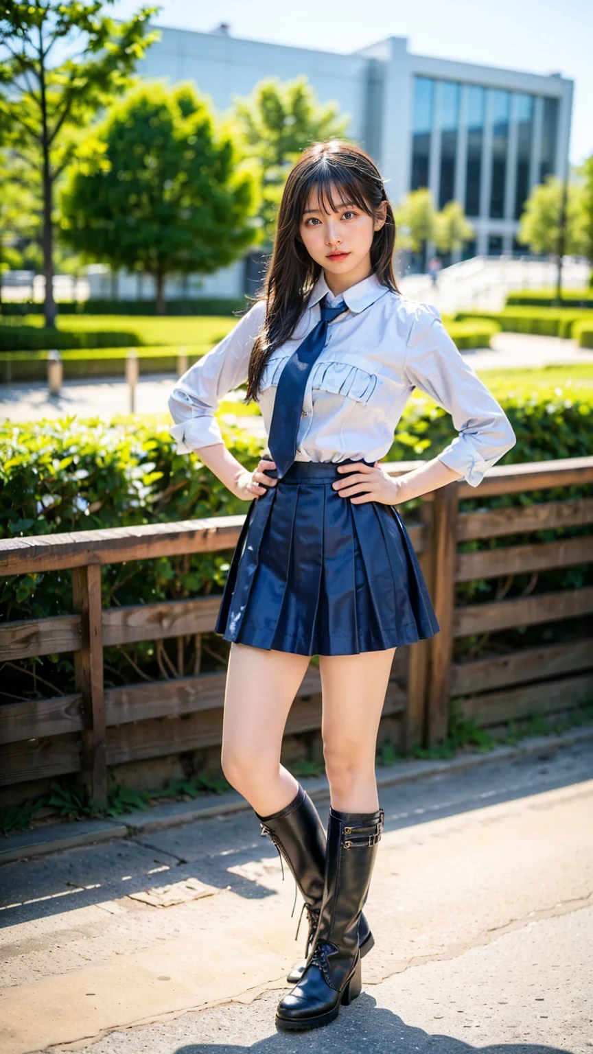 (8k、RAW Photos、Highest quality、masterpiece:1.2)、(Realistic、Realistic)、1 person、((View from the front、Black and light blue、Looking into the camera、check、boots、mini skirt、High school uniform、、Standing with one hand on hip、Frills、))、cute