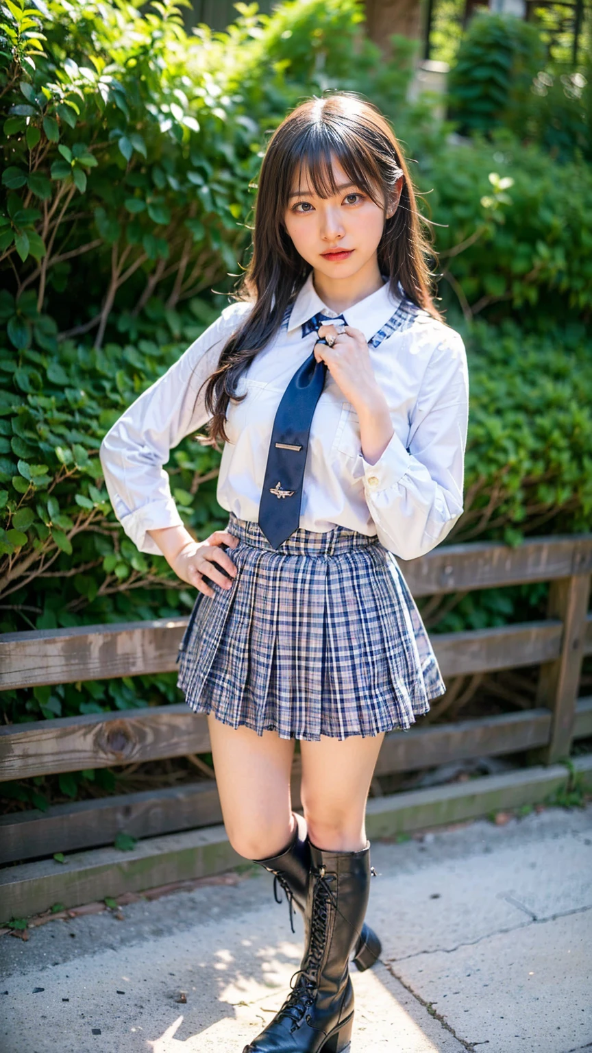 (8k、RAW Photos、Highest quality、masterpiece:1.2)、(Realistic、Realistic)、1 person、((View from the front、Black and light blue、Looking into the camera、check、boots、mini skirt、High school uniform、、Standing with one hand on hip、Frills、))、cute