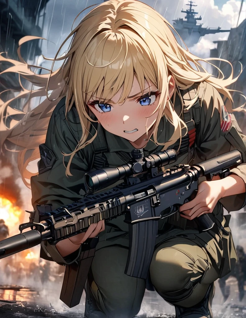 (anime)、(masterpiece:1.2),Atmospheric perspective,Lens flare、Fog of Battlefield、, Makes the world look grey、When it rains, The female soldier is crouching.。With an irritated look on his face, he vows revenge..。Rain-soaked hair、blonde、blue eyes、Space Battleship Yamato、Traces of fierce fighting are everywhere、Smoke rising from everywhere、A work of blurry color M4 Carbine，Possession of a gun