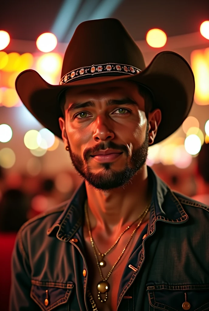 a photo of a brown-skinned man with a short beard, green eyes and short hair, a sertanejo singer