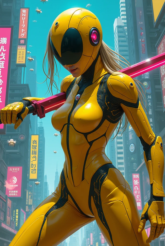 bee , kamen rider , cyberpunk , women , sword  , yellow suite 