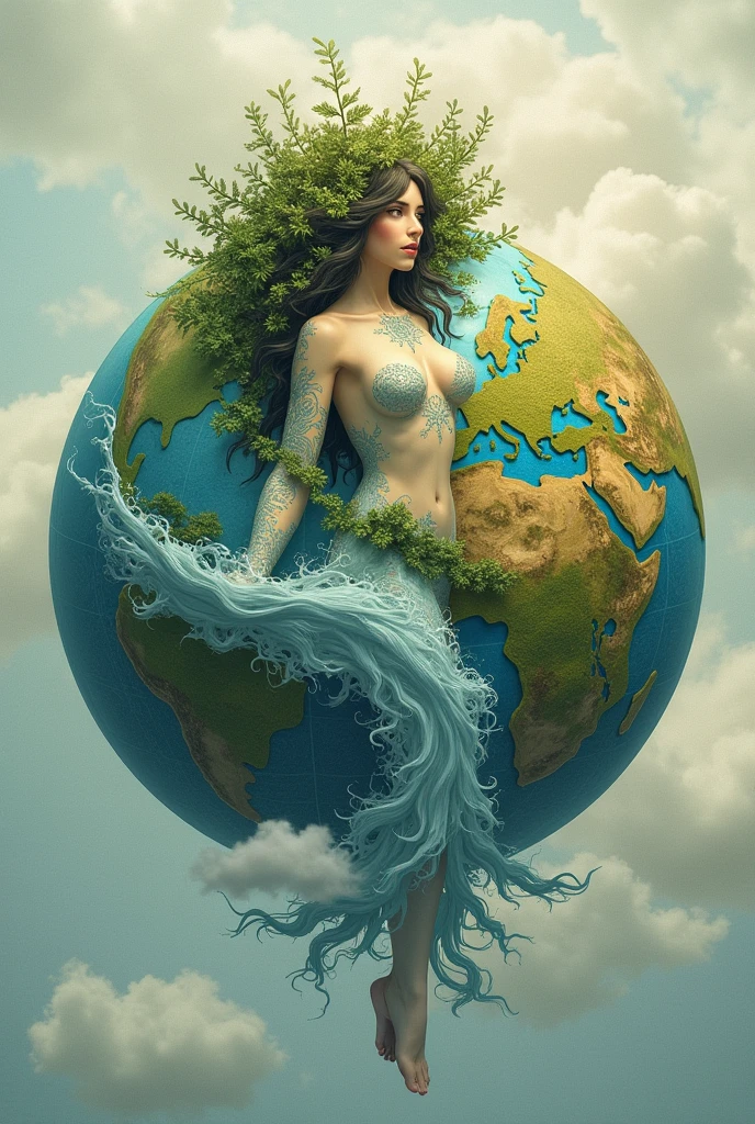 I would like to request the creation of an image featuring a globe representing the elements of air and earth.

Earth Element: The globe should include a feminine figure representing the earth, delicate yet strong, with features reminiscent of vegetation. The colors should be greens and browns, with textures that evoke the stability and fertility of the earth.

Air Element: On the other side of the globe, depict a masculine figure representing the air, with a dynamic and intense presence. This figure should have an aura of battle, possibly as a winged entity or an abstract form that suggests movement and conflict. The dominant colors should be light blue or white, with details resembling clouds or wind, emphasizing power and turbulence.

The overall design should integrate these elements into a cohesive and visually striking globe that conveys the contrast and interaction between the earth and air.

