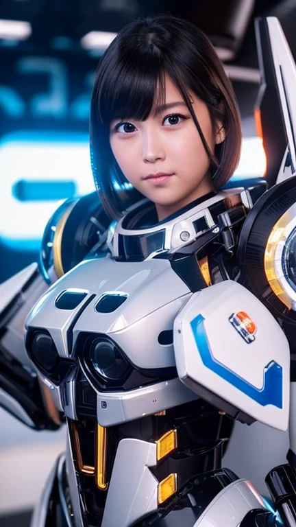 Wide-angle shot, 1 female, Mecha, Glowing black eyes, Very cute face, (Realistic:1.37), バイオMechaニカル, Spaceship interior bokeh background, Ultra-realistic, Very detailed, Very intricate details, Beautiful woman in focus、