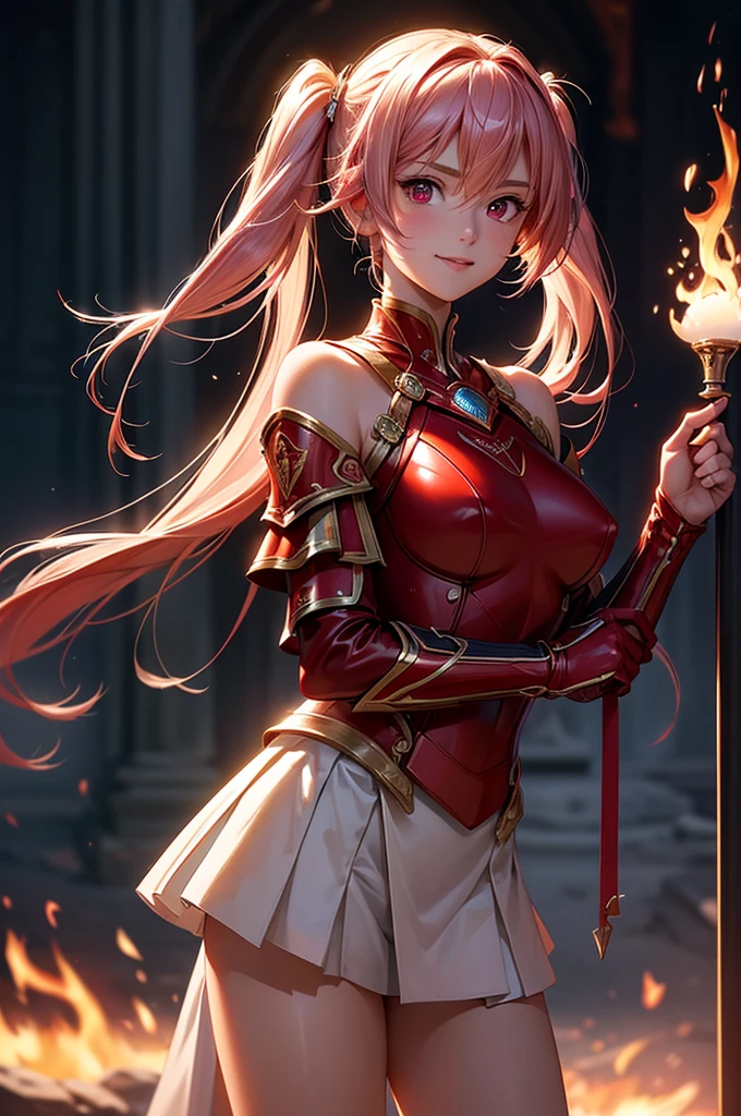 ((best quality, ultra-detailed, high resolution, extremely detailed CG, super detailed, direct light, Most beautiful clean lighting, Perfect nudity)), 1 girl, beautiful girl, cute girl and idol face, young face, smile, Beautiful long pink hair, twintails, Beautiful shining red eyes, white skin, slender, Short body, Fantasy worlds, worlds of fire, scarlet armour, flames, blades of fire,