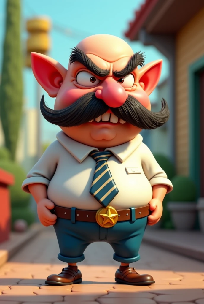 a cartoon guy that is a angry boss, (colorful design:1.4), (Disney style),(pixar style:1.5), bald with a big nose and big mustache,your shirt is white and your pants are blue, he wears a striped tie, has only two hairs, (your nose is narrow thin and large and goes down from the eyebrow:1.5), (nose references: (Lord Farquaad - Shrek),(Sideshow Bob - simpsons),(Nigel Thornberry),(Mr. Crocker)), their nostrils are hairy and very prominent, her body is small and she has thin legs, your eyebrows are thick and expressive, Your body is shaped like the minions,your little ears are red with anger, its head is elongated and larger than the body, ele usa um cinto e estrela de sheriff, your shoes are well polished