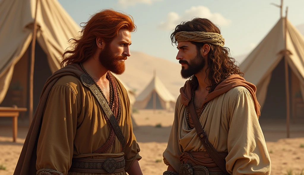 biblical history: There were two twin brothers, Esau who is red and Jacob, sons of Isaac and grandsons of Abraham. Esau was the oldest, show two brother children near the tent