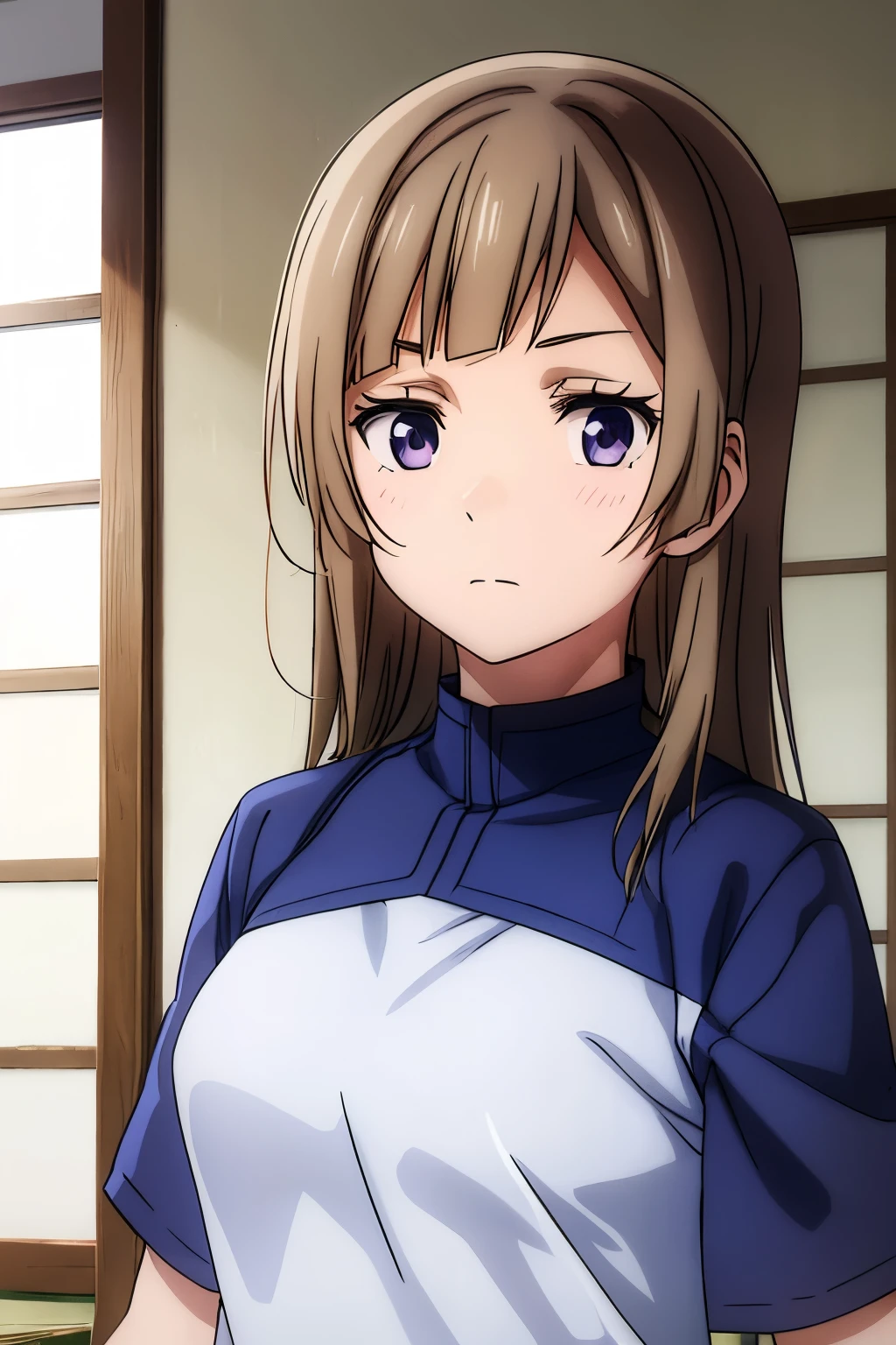 long Brown chocolate tied hair, lilac eyes, Japanese Student Gym Suit, Short Sleeve Shorts, School Uniform, Seifuku Cos, Volleyball Sportwear, JK Uniform, white T-shirt,