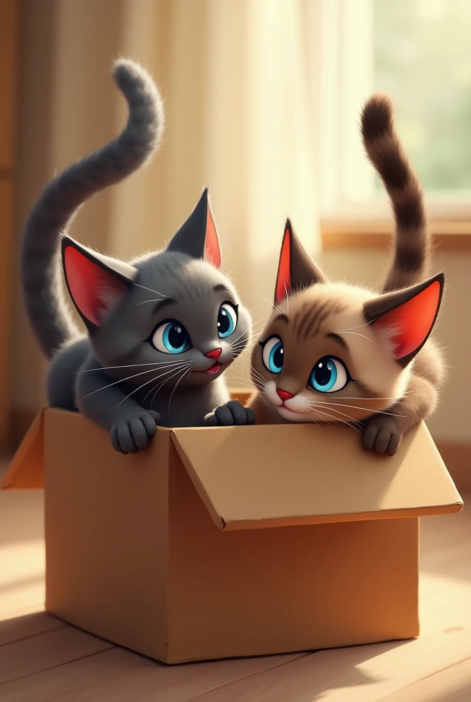 two cats inside a brown box with their tails up, one gray and one Siamese with blue eyes, Disney style