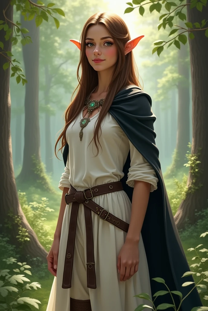 Sweet elf with brown long smooth hair. White dress. whole body. elf ears. young adult woman. black cape  with white dress. in a forest. straight hair. Straight hair. pointed elf ears. white tunic with leather pants. to the power of eleven. Leder hose 