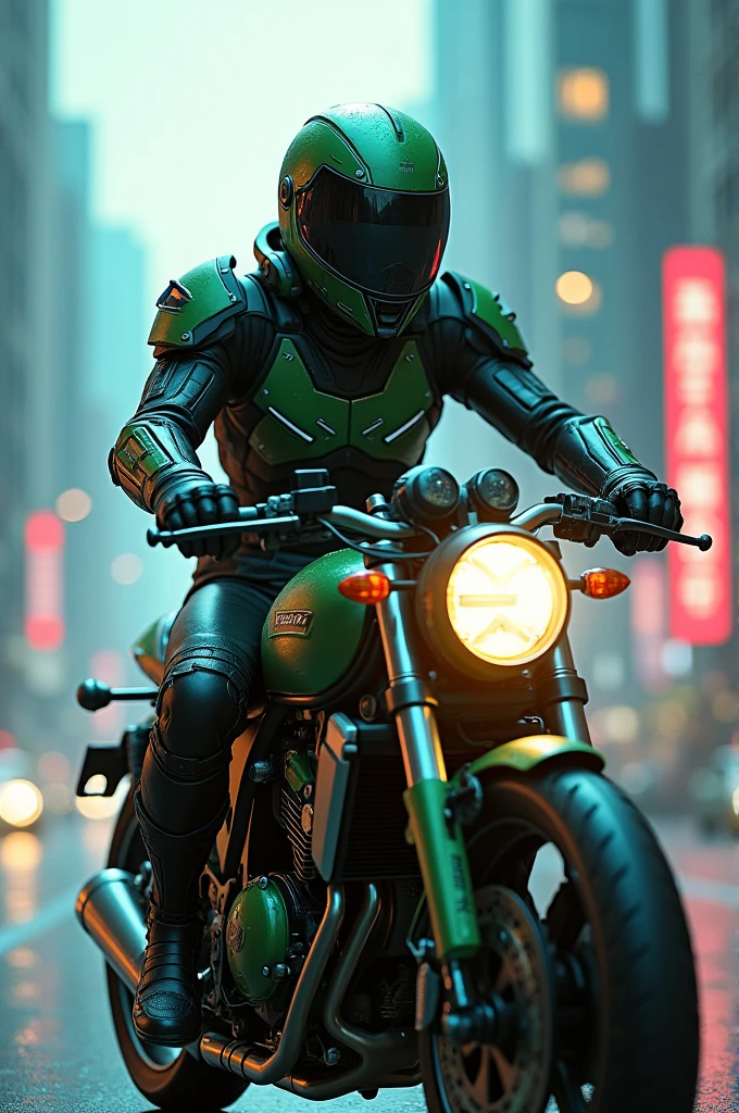 Highest image quality, outstanding details, ultra-high resolution, (realism: 1.4), the best illustration, favor details, highly condensed 1manwith a delicate and hansome face, dressed in a black and green mecha, wearing a mecha helmet, holding a directional controller, riding on a motorcycle, the background is a high-tech lighting scene of the future city.