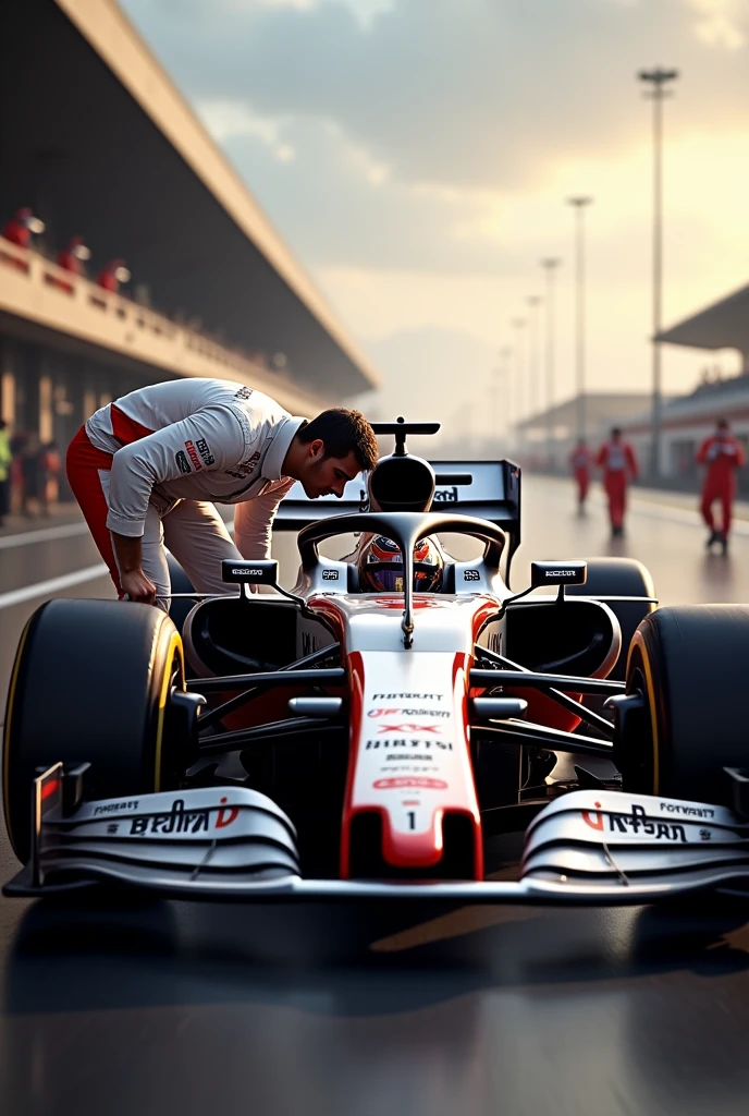 A man smelling combusted air from an F1 car