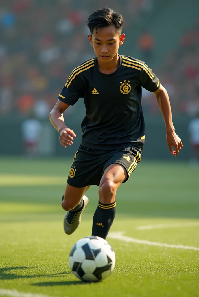 (photorealism) 16 year old Indonesian male ,haircut (short slicked back),Thin and short body (short) ,Playing soccer ,wearing a black jersey with a gold combination, on the ball field