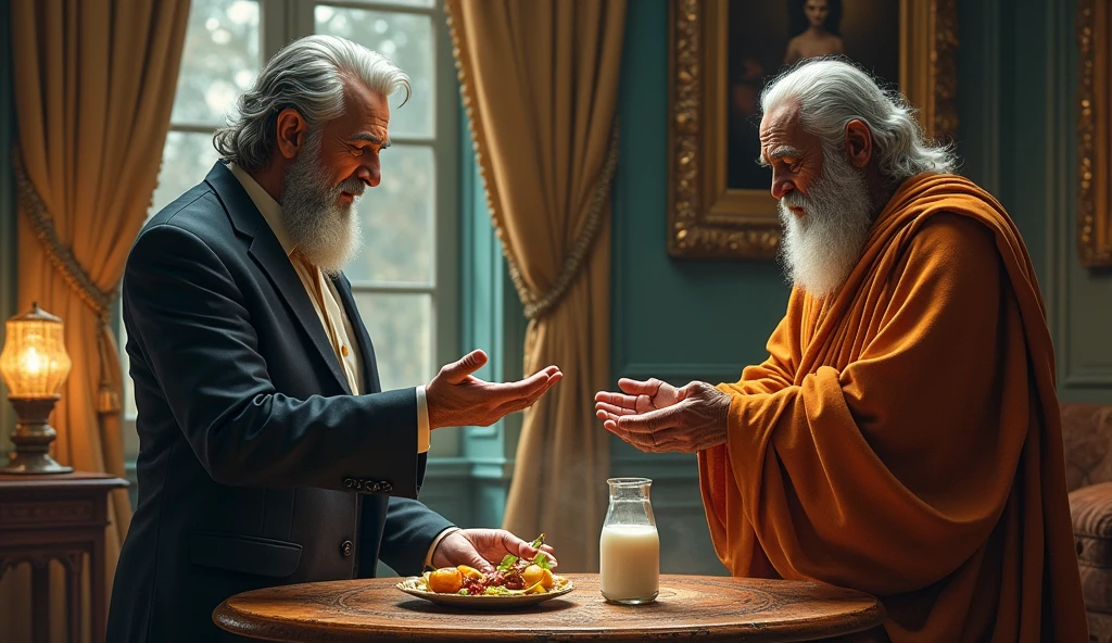 A poignant scene depicting Lord Shiva, disguised as an old beggar, visiting the grand house of a 30-year-old young smart wealthy merchant in the city. The merchant, dressed in an elegant and stylish suit, is shown standing in his opulent home with its lavish decor and furnishings. Despite his wealthy surroundings, his attention is focused on the old beggar.
The merchant, with a kind and empathetic expression, is seen offering the last of his food and milk to the beggar, showing his generosity despite the scarcity of provisions. The beggar, looking humble and frail, accepts the offering with gratitude.
The background highlights the contrast between the merchant’s luxurious environment and the beggar’s simple appearance. The scene captures the merchant's selfless act of kindness and his commitment to helping those in need, reflecting the divine test of his character.