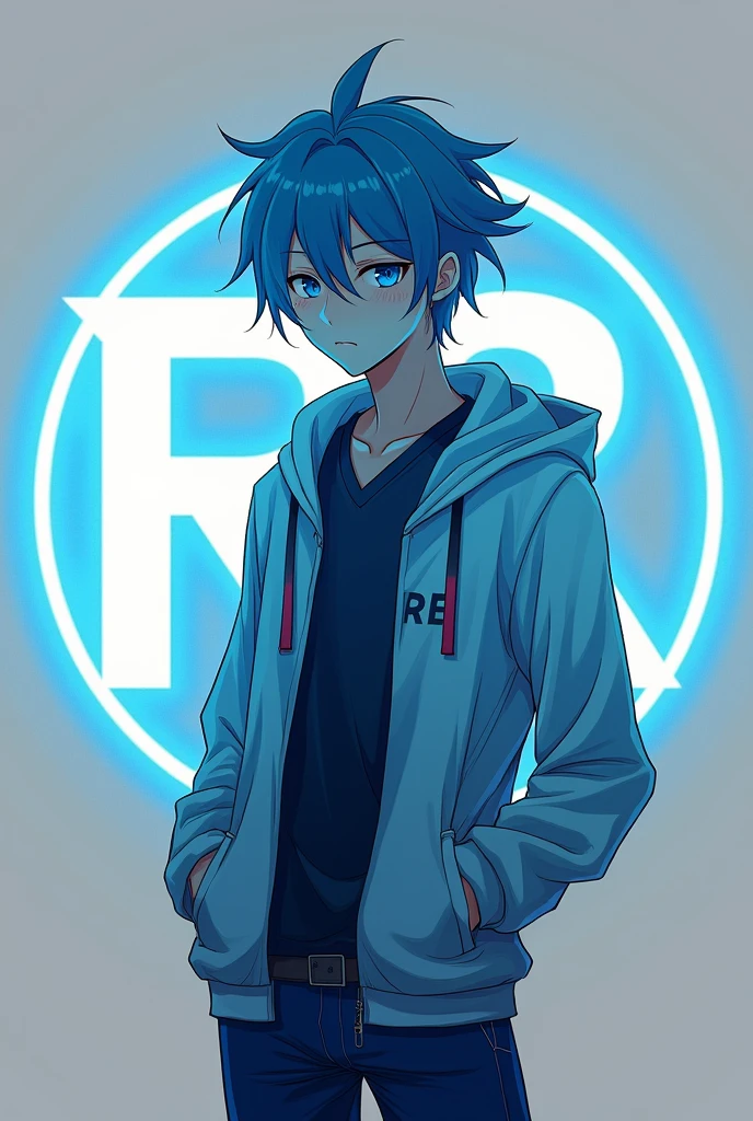 Male character of anime Infront of the R letter.
Same but remove the Bg with simple grey color and make R word medium small and character should be portrait make word stylish and glow neon blue
Fit in a circle to be a great logo
