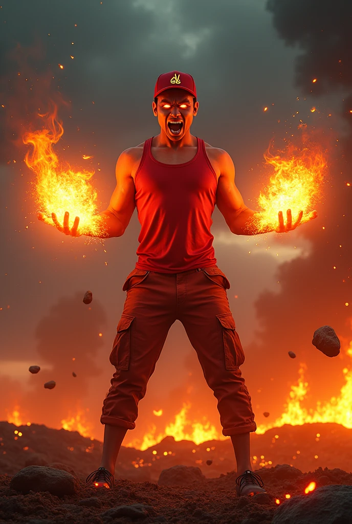 a man real teenage 19 year old Malaysia Indonesia.(orange eyes) Glowing eyes. Anger face. Open mouth. . wearing an (ruby red ) singlet, (ruby red) cap with small logo (flame) logo. anger face . Dramatic. ruby red singlet. stand on lava ,(ruby red)cargo pant,, detailed face, cinematic lighting, dramatic atmosphere,.hot day. vibrant colors, 8k, high quality, photorealistic. Hero suit. fire flame from his hand. Glowing fireblast ember element from hand, ember everywhere . Glowing hand fire , flame patern logo design on pant . Very strong. Future design dress. Very epic. Very hot background.. dark sky. Very strong . fire very strong . Flying burn dry leave everywhere.. fire ball sharp shape power from hand .rasengan . at volcano Damage building. Floating small rock everywhere. kamehaha