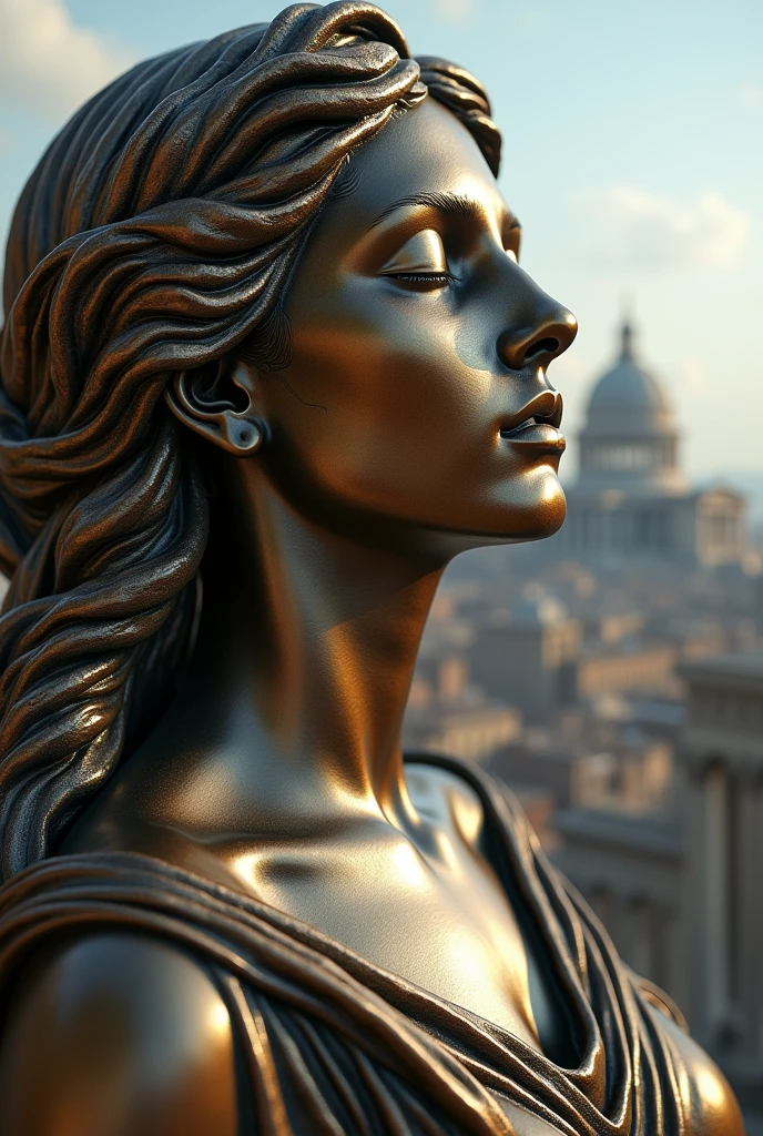 the close-up face and shoulder of a muse with her eyes closed, roman , the city of rome in ruins in the background, metallic face color sculpture, infinite background, hyperrealistic bronze sculpture