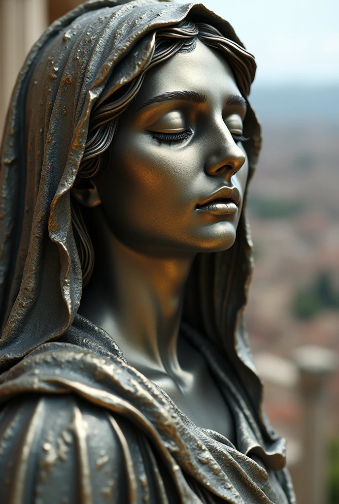 the close-up face and shoulder of a muse with her eyes closed, roman robes, the city of rome in ruins in the background, metallic face color sculpture, infinite background, hyperrealistic bronze sculpture