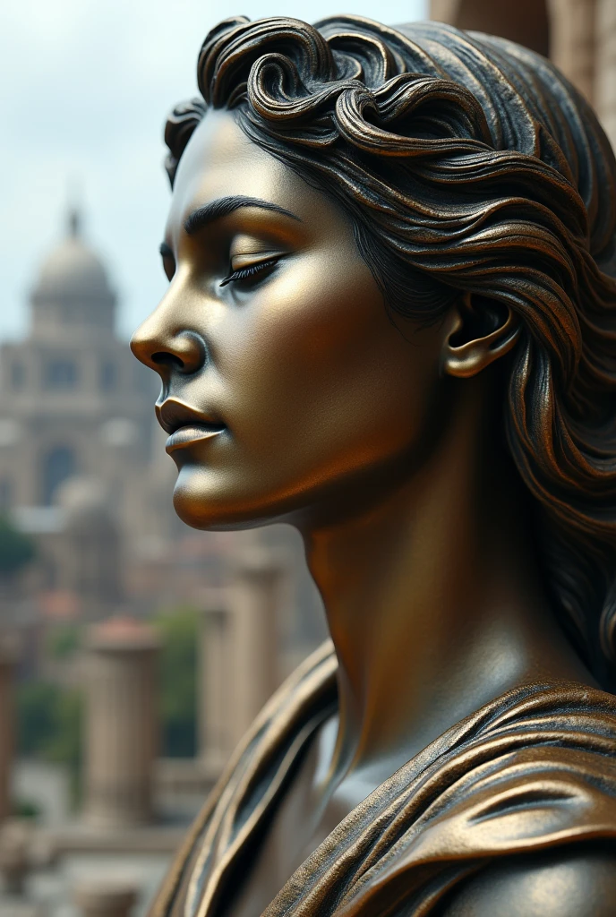 the close-up face and shoulder of a muse with her eyes closed, roman robes, the city of rome in ruins in the background, metallic face color sculpture, infinite background, hyperrealistic bronze sculpture