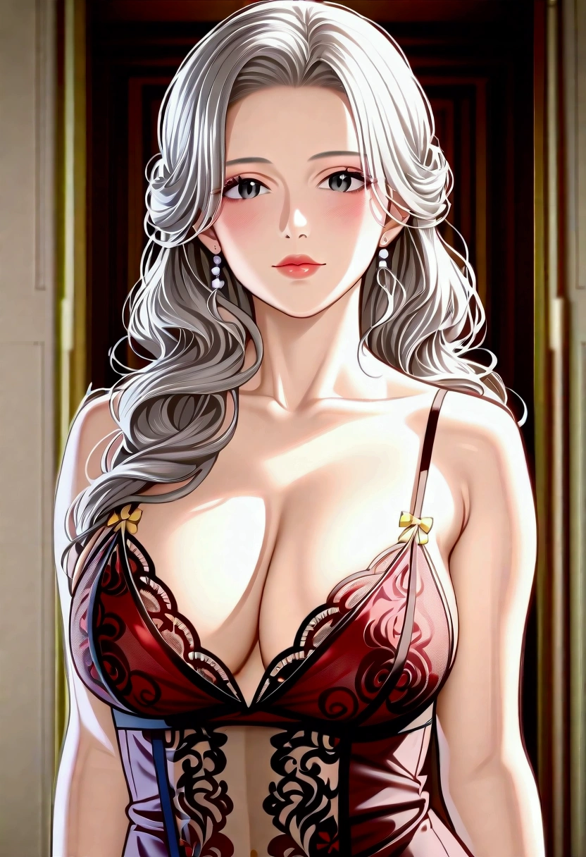 score_9, score_8_superior, score_7_superior, High-resolution CG illustration,A masterpiece in 32K resolution,Highest quality,it is really amazing,Very detailed,Ultra-high resolution,Ultra-realistic,Realistic,Increased depth of field,Cinematic lighting,
Elegant mature Japanese woman,
Shiny silver hair,Wavy long hair,Showing his forehead,god々Beautiful,Ultra-detailed and beautiful face,Sensual look,Beautiful dark brown, moist eyes,Pitch black eyes,Glowing, moisturized skin,Translucent white skin,born々New skin texture,Great proportions,
Elegant wine-red slit dress,spaghetti straps,Deep slit,Detailed and beautiful lace decorations,born地の柔らかな質感,
Black panties,
Black Stockings,
高層ビルの屋superior,Background of big city night scene,
Dramatic Angle,